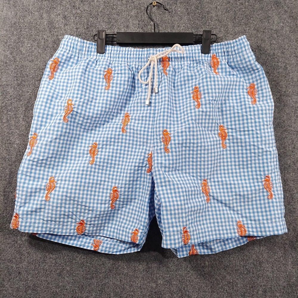 J. McLaughlin Swim Trunks Mens XL Blue Gingham Seahorse Lined Print Nautical